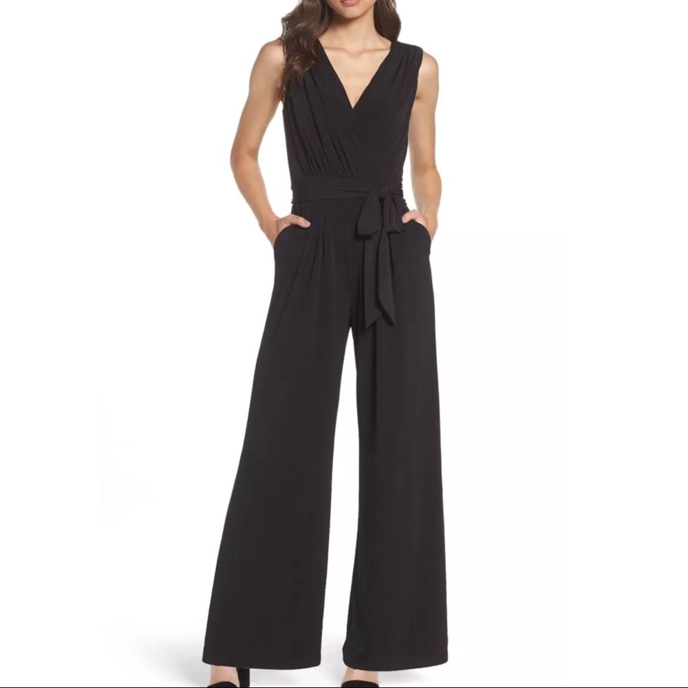 Vince Camuto Sleek V Neck Wrap Wide Palazzo Leg Black Jumpsuit ~L